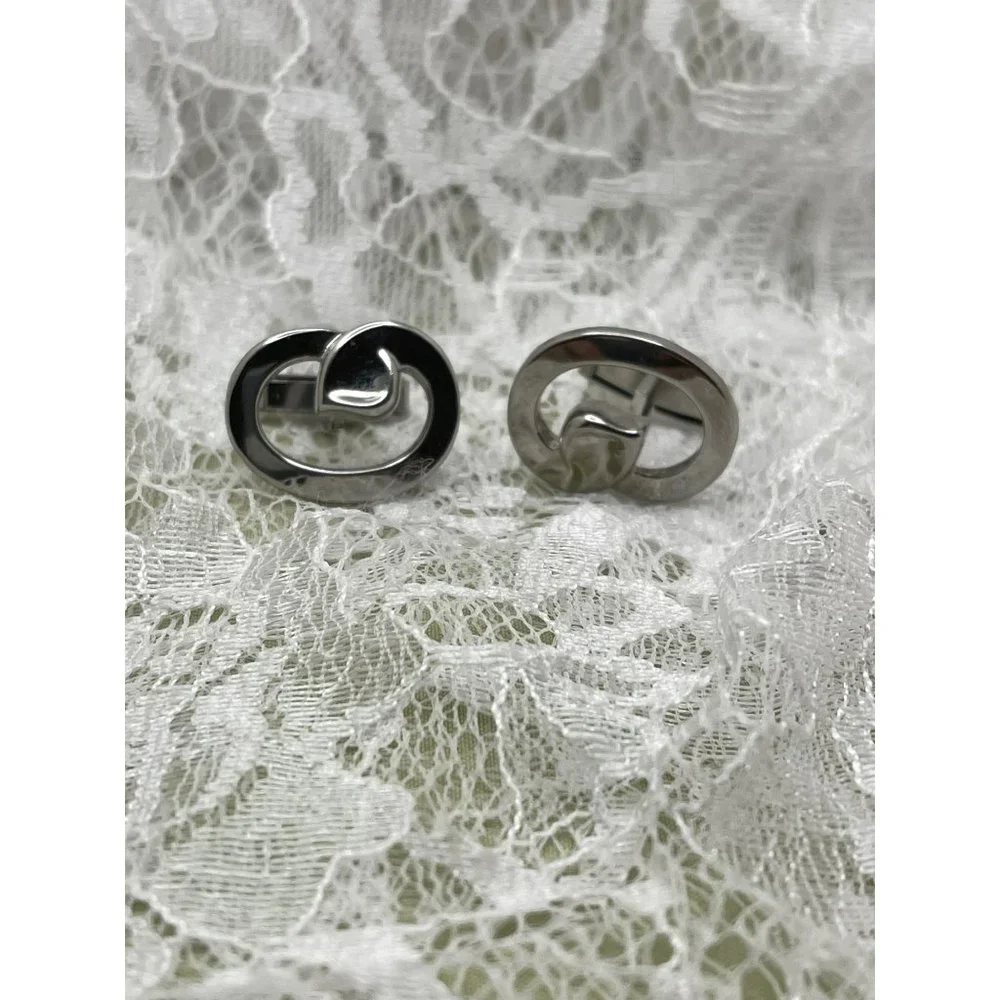 Vintage Silver Tone Oval Abstract Design Cuff Links